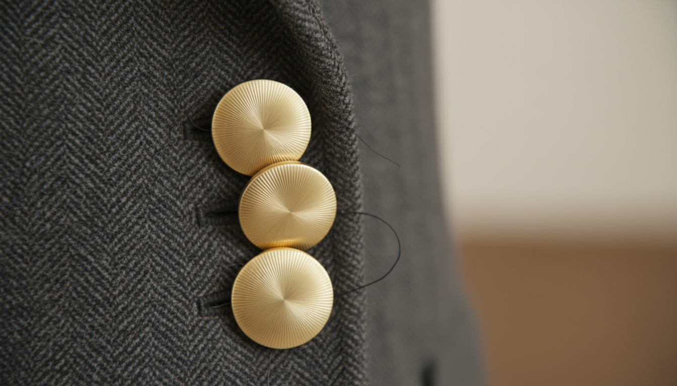 Стильные металлические пуговицы на пальто, крупный план.