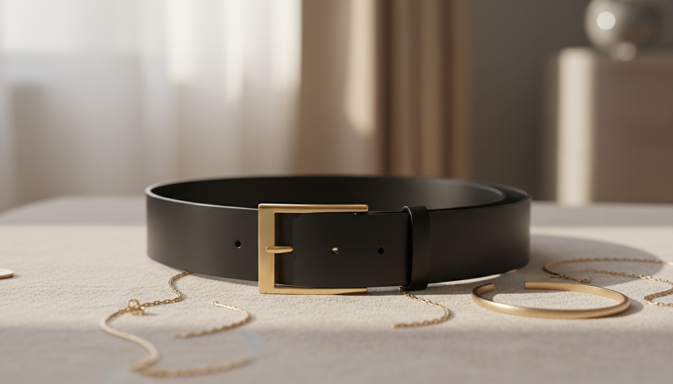 Широкий черный кожаный ремень с минималистичной золотой пряжкой