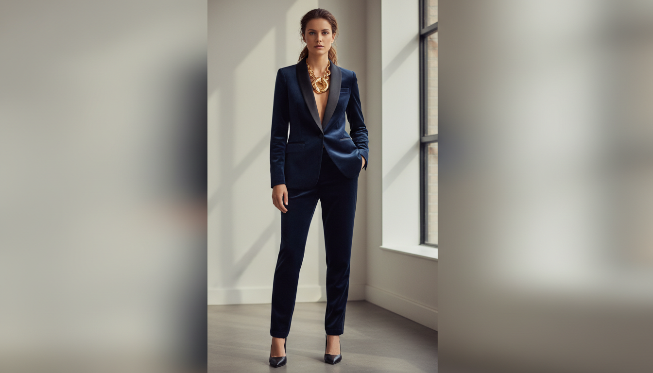 Женщина в темно-синем бархатном смокинге с атласными лацканами и массивным золотым колье.