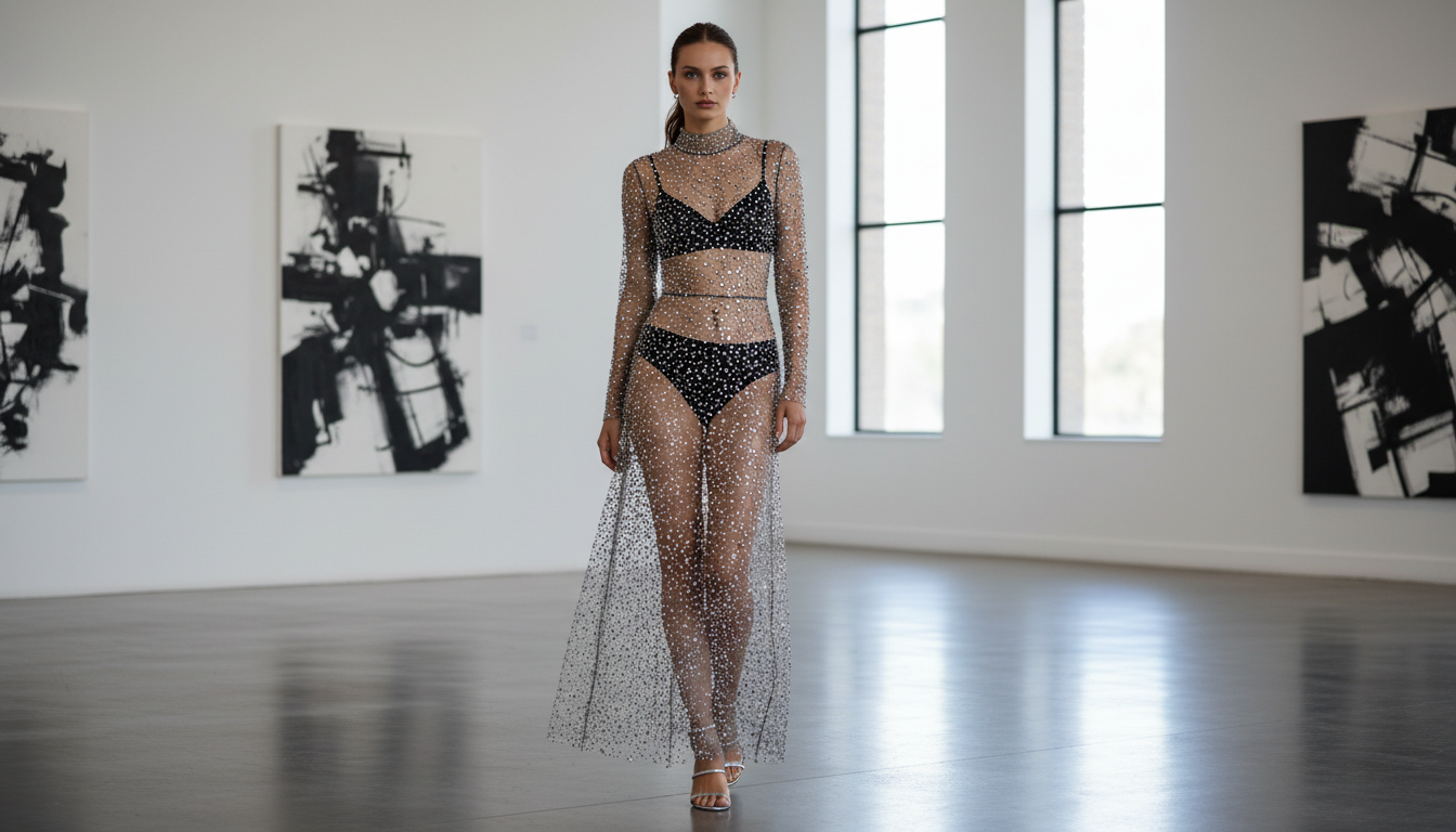 Сетчатое платье макси со стразами, надетое поверх черного минималистичного белья.