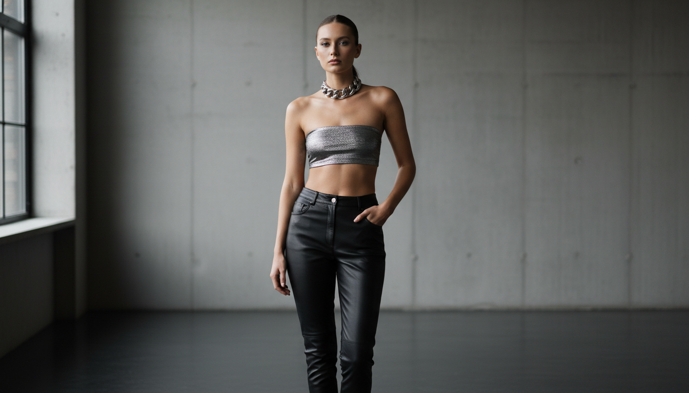 Модель в черных кожаных брюках, серебряном топе-бандо и массивном чокере.