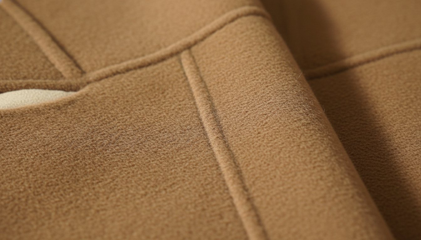 Крупный план текстуры высококачественной шерстяной ткани пальто в оттенке camel.
