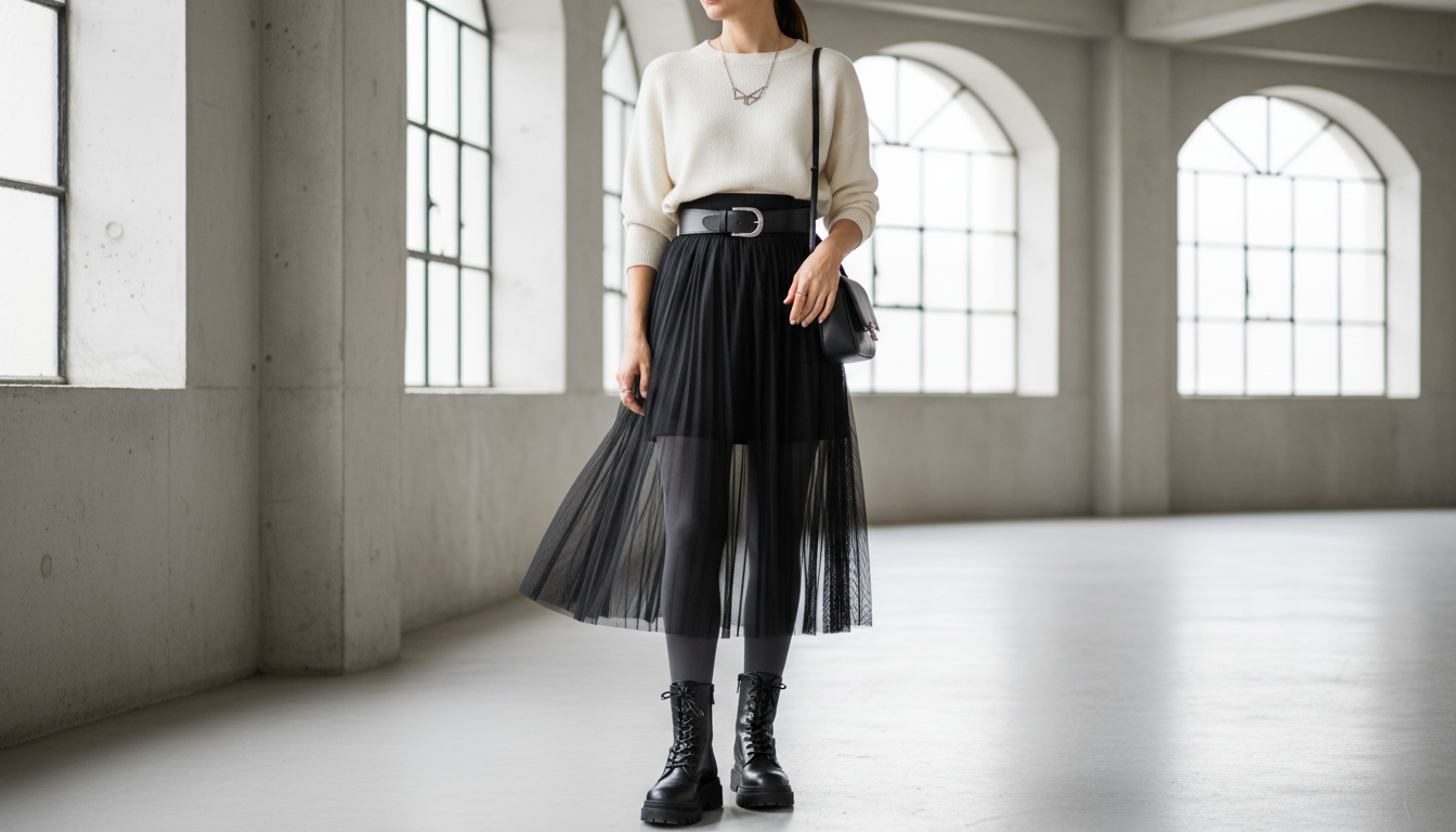 Стилизация прозрачной юбки с плотными колготками и массивными ботинками.
