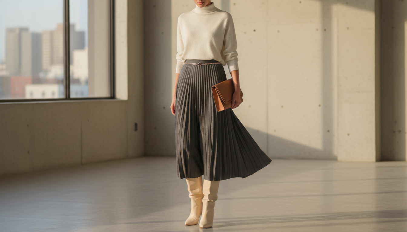 Модель в сапогах-трубах с длинной шерстяной юбкой плиссе