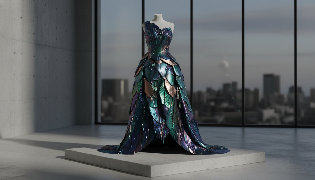 3D-модель платья, созданная нейросетью, с необычными текстурами и сложным кроем