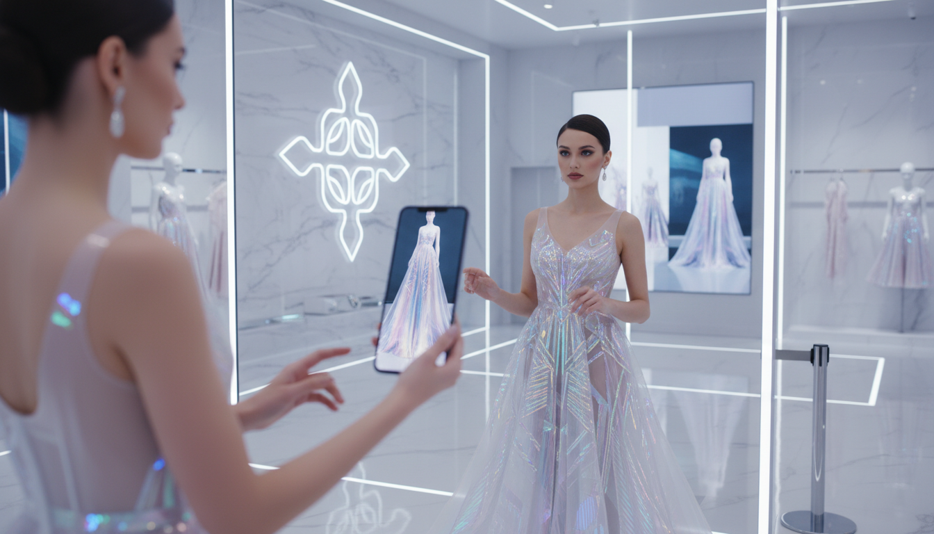 Пользователь, примеряющий виртуальную одежду через AR-приложение на смартфоне, на заднем плане – магазин цифровой моды