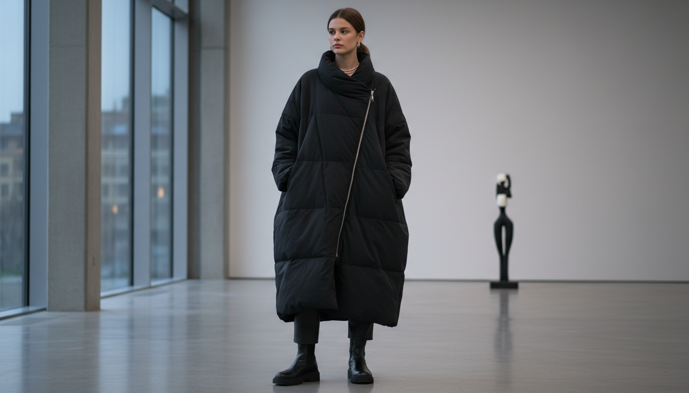 Объемный черный пуховик-одеяло с асимметричной застежкой