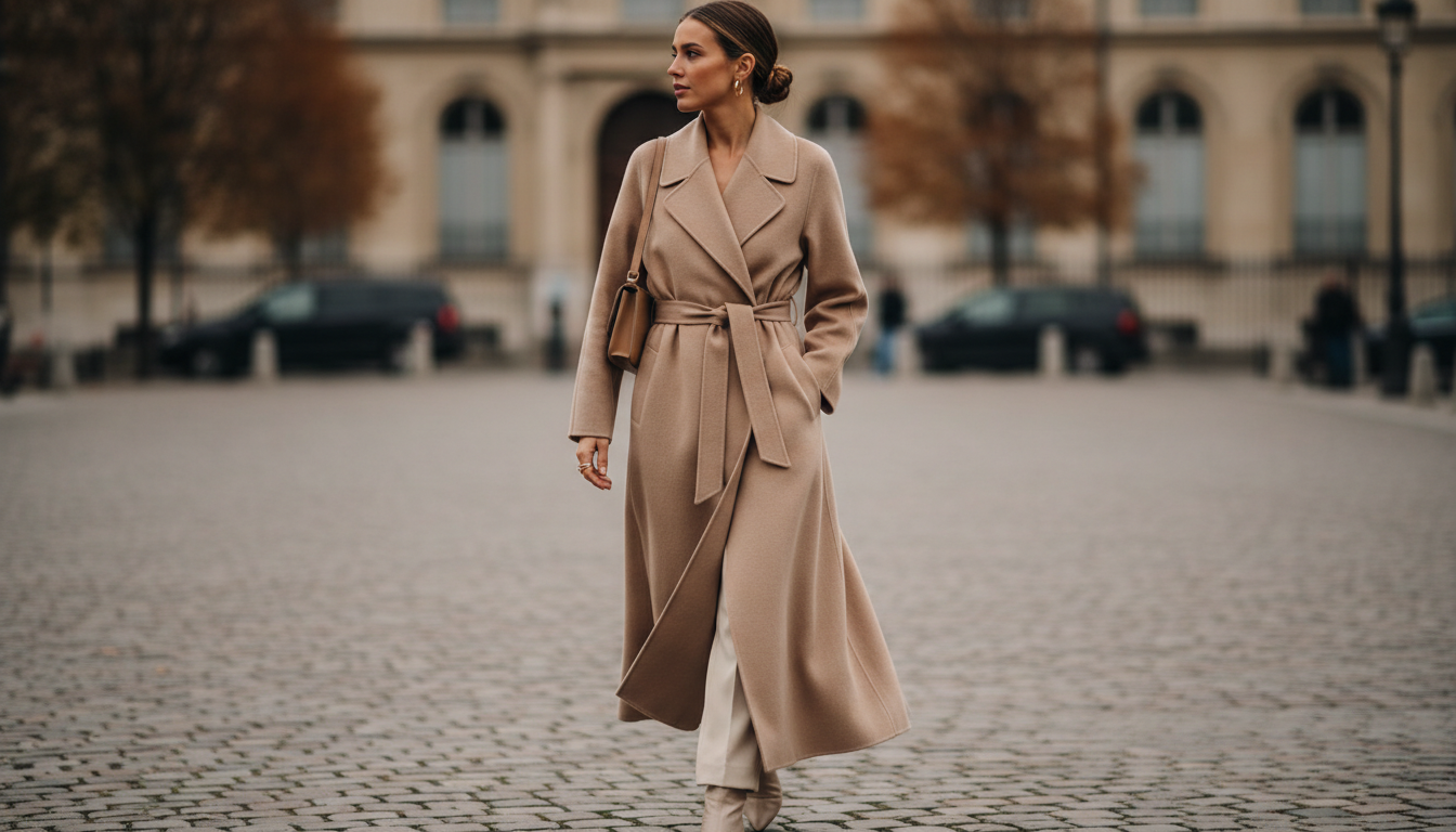 Длинное бежевое кашемировое пальто-халат с широким поясом