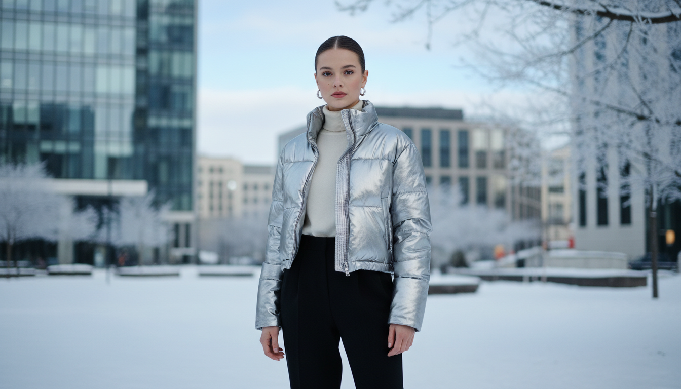 Девушка в серебристом укороченном пуховике на фоне зимнего города