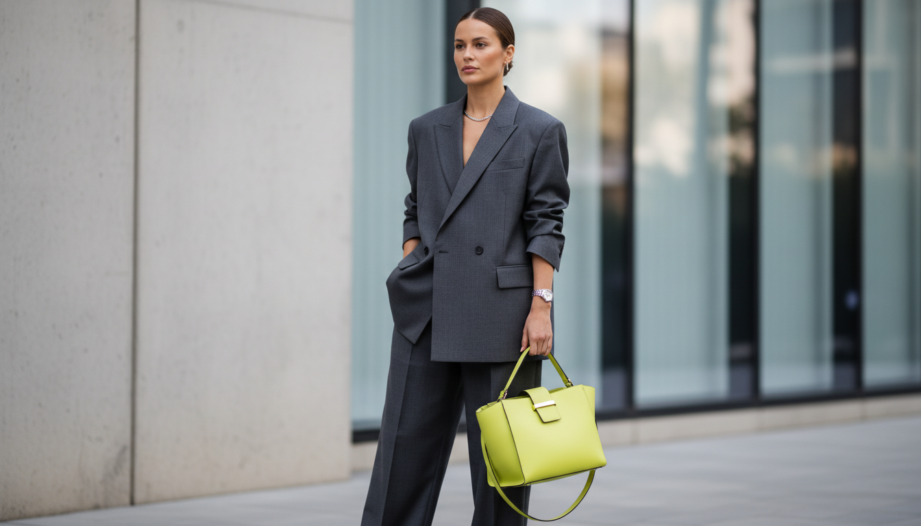 Серый костюм с яркой неоново-желтой сумкой.