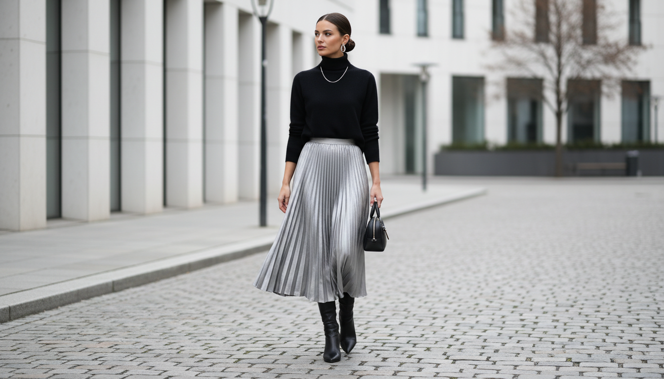 Модель в серебряной юбке-плиссе и черном кашемировом свитере.