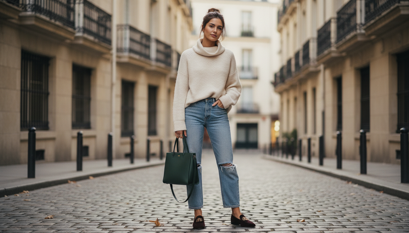 Девушка в повседневном образе: джинсы, оверсайз свитер и бархатные лоферы.