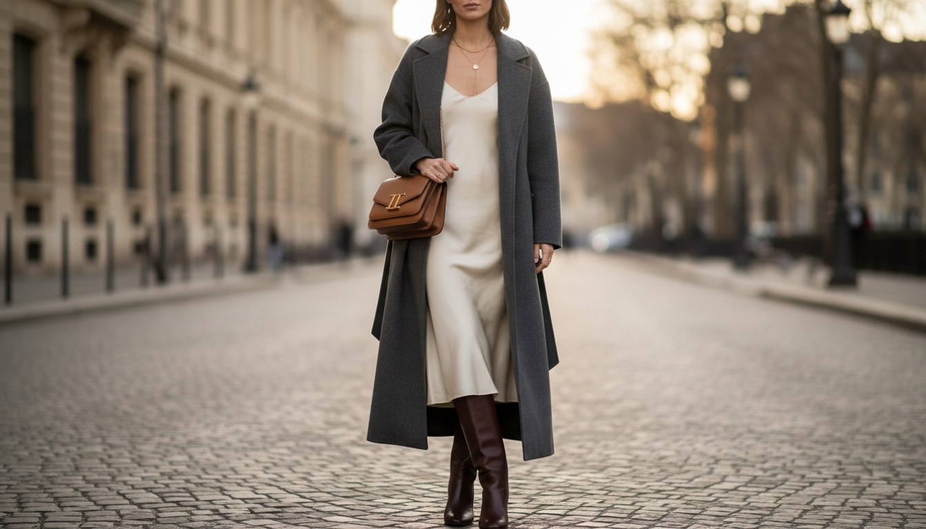 Элегантное сочетание сапог до колена, шелкового платья-комбинации и длинного пальто.