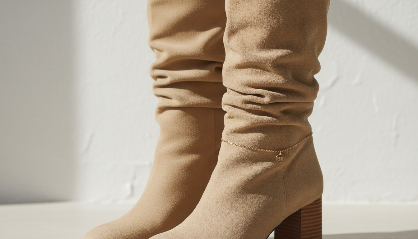 Крупный план сапог-труб из бежевой замши.