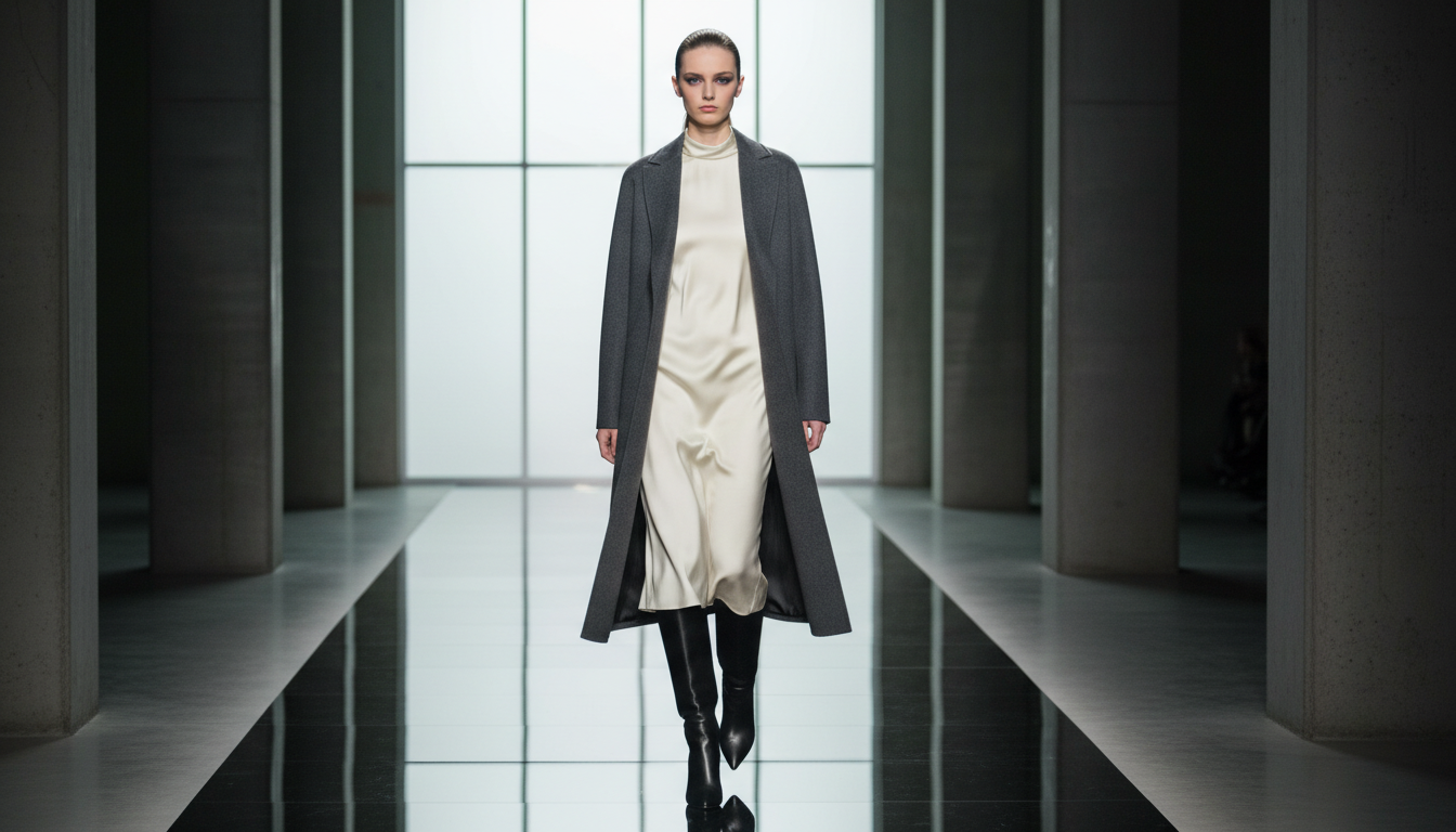 Завершающая картинка: подиумный образ в высоких сапогах и минималистичном пальто.