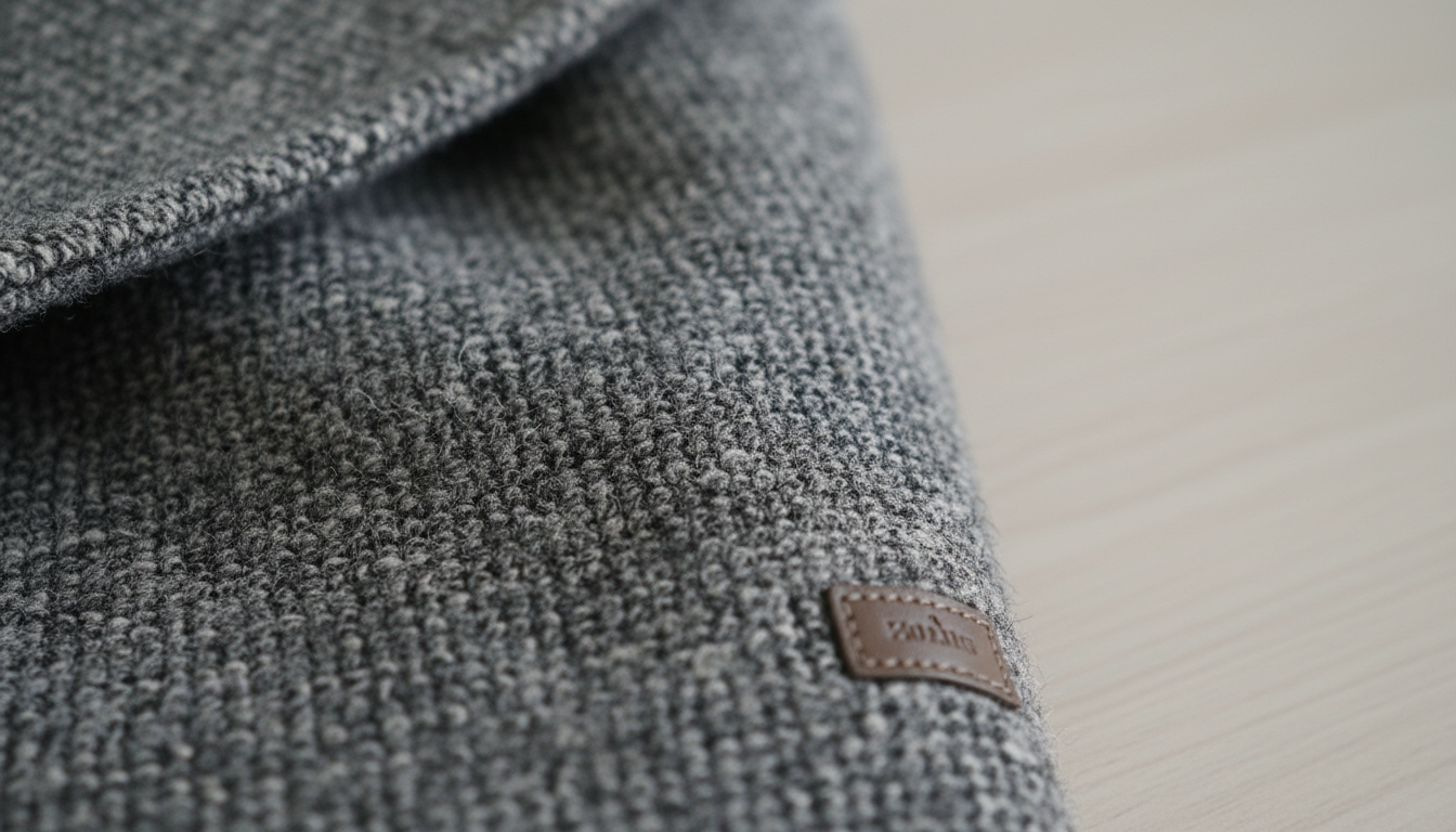 Детальный снимок фактуры серого меланжевого пальто, демонстрирующий высокое качество шерсти.