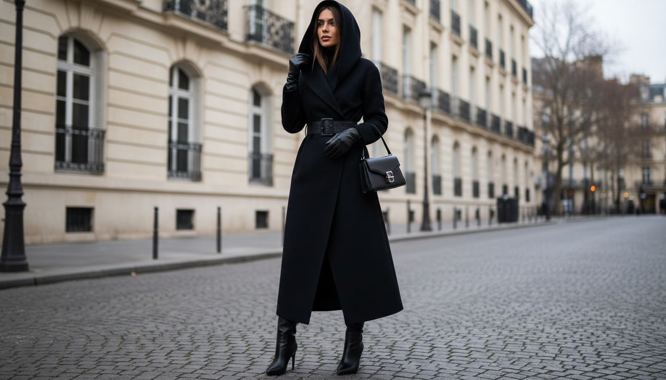 Инфлюенсер в длинном черном пальто-халате с капюшоном, стилизованном широким поясом.