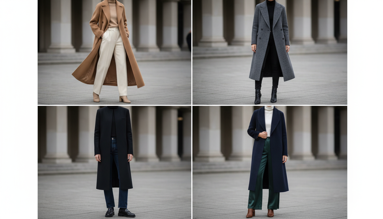 Коллаж из четырех примеров пальто макси-длины: кэмел, серое, черное и темно-синее.
