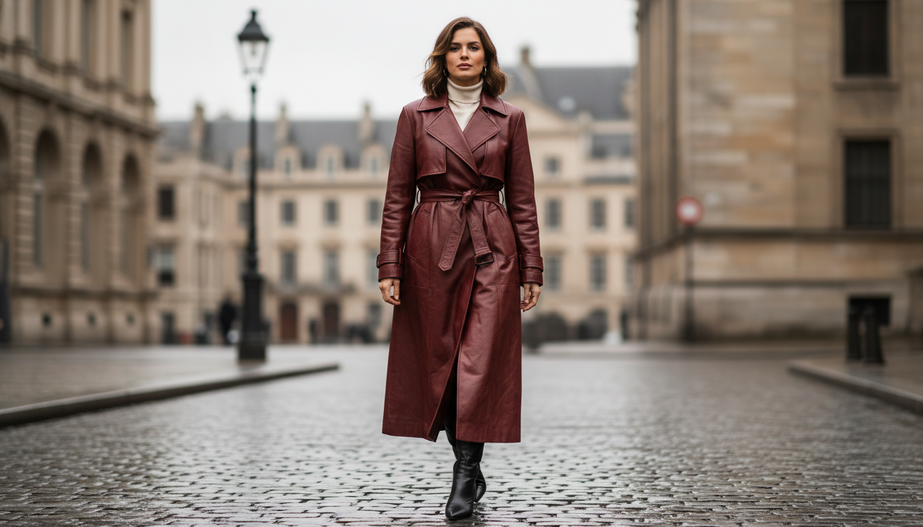 Женщина в длинном кожаном тренче цвета оксблад (Oxblood)