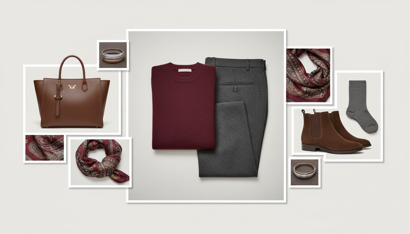 Стилизованный коллаж с сочетаниями бордового цвета с серым и шоколадным