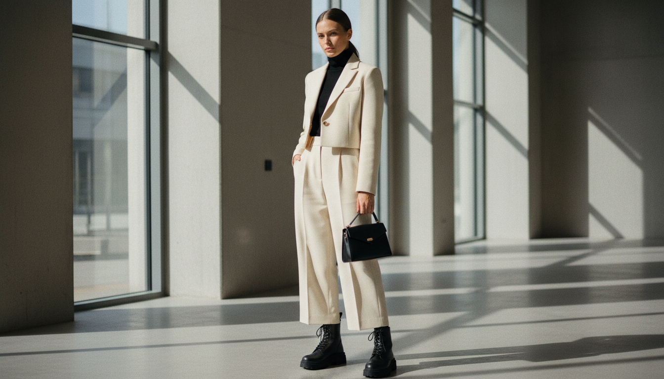 Образ в стиле смарт-кэжуал: укороченный костюмный брюки, водолазка и черные грубые ботинки.