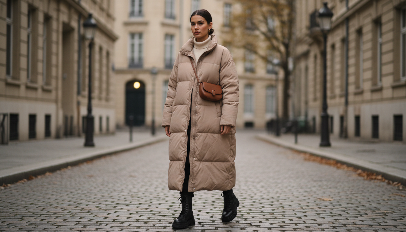 Девушка в длинном бежевом пуховике и черных грубых ботинках на улице Ноябрьского города.