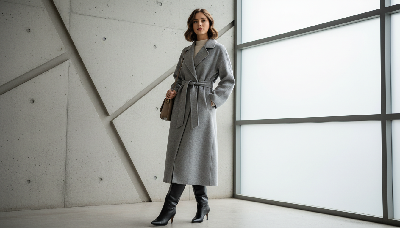 Девушка в длинном сером шерстяном пальто, завязанном на пояс, с высокими сапогами