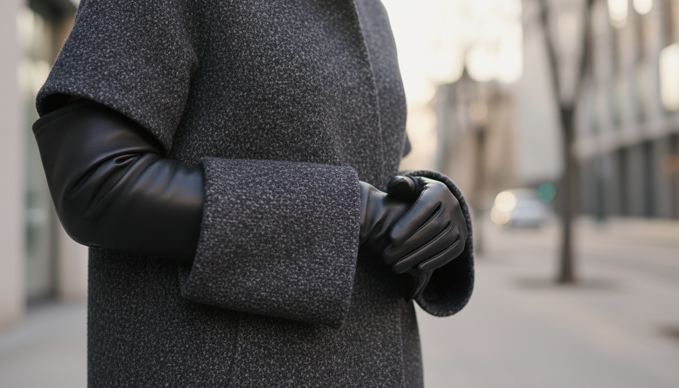 руки в очень длинных черных кожаных перчатках, выглядывающих из-под рукава короткого шерстяного пальто