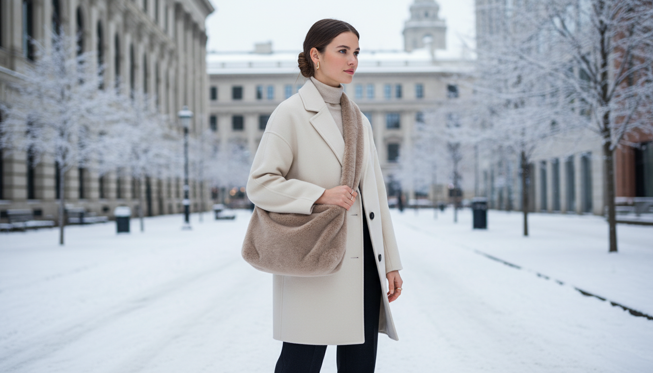 девушка с большой бежевой меховой сумкой через плечо на фоне заснеженного города