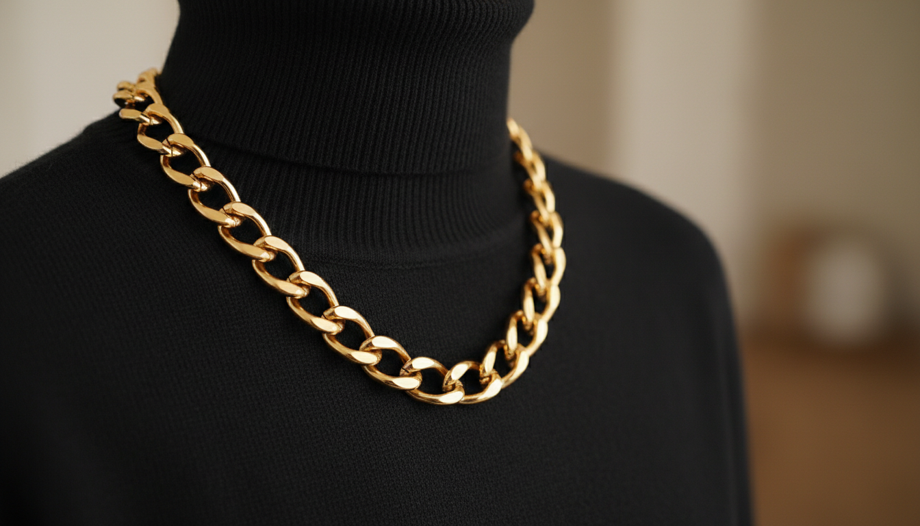крупный план массивной золотой цепи, надетой поверх черной кашемировой водолазки