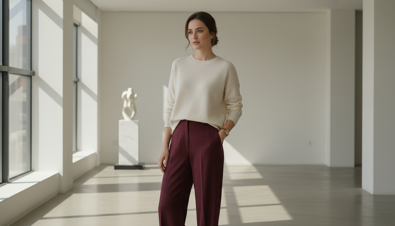 Девушка в широких брюках винного цвета и кремовом кашемировом свитере