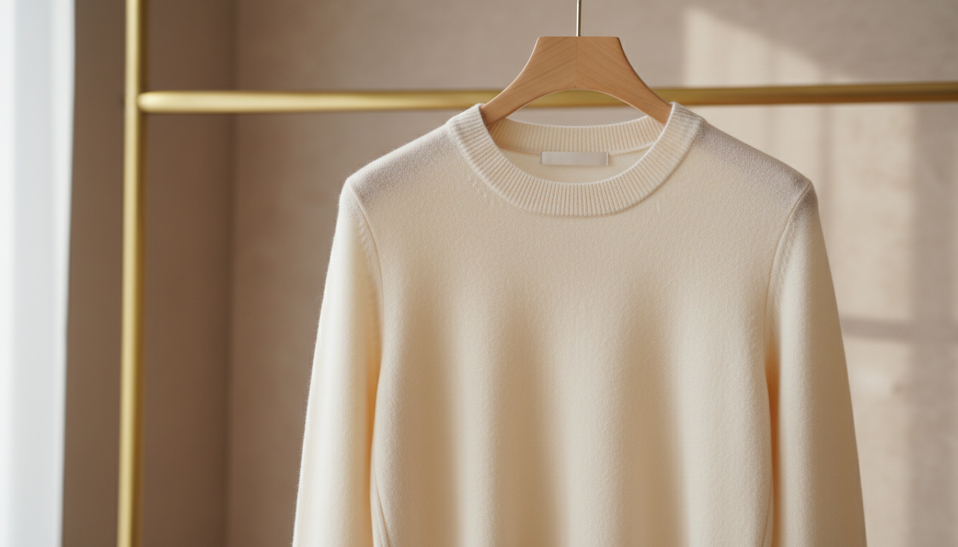 Крупный план идеального кашемирового свитера на вешалке