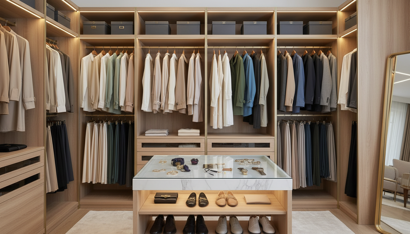 Идеально организованный шкаф, где все вещи сочетаются друг с другом