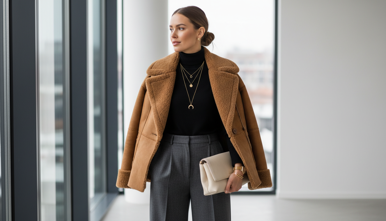 Стилизованный образ с объемной дубленкой и минималистичными золотыми украшениями