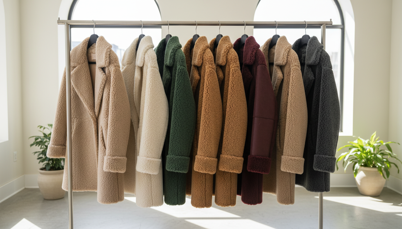 Ряд дубленок и шуб Тедди разных цветов, висящих на вешалках