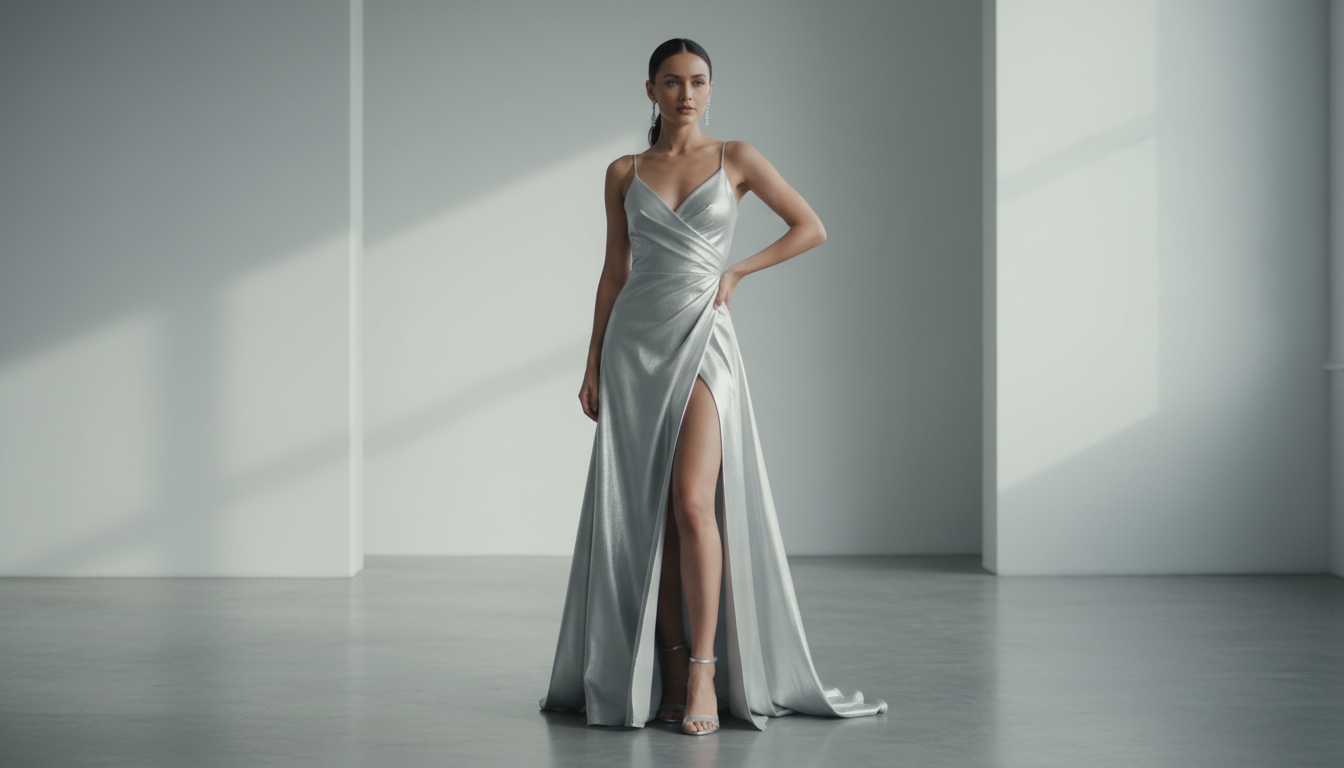 Девушка в длинном серебряном платье с высоким разрезом