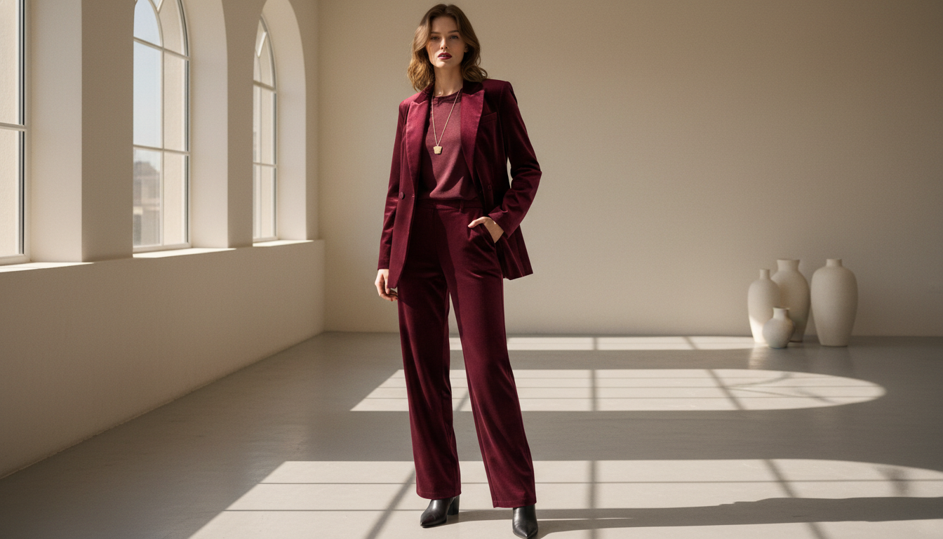 Женщина в бордовом бархатном брючном костюме