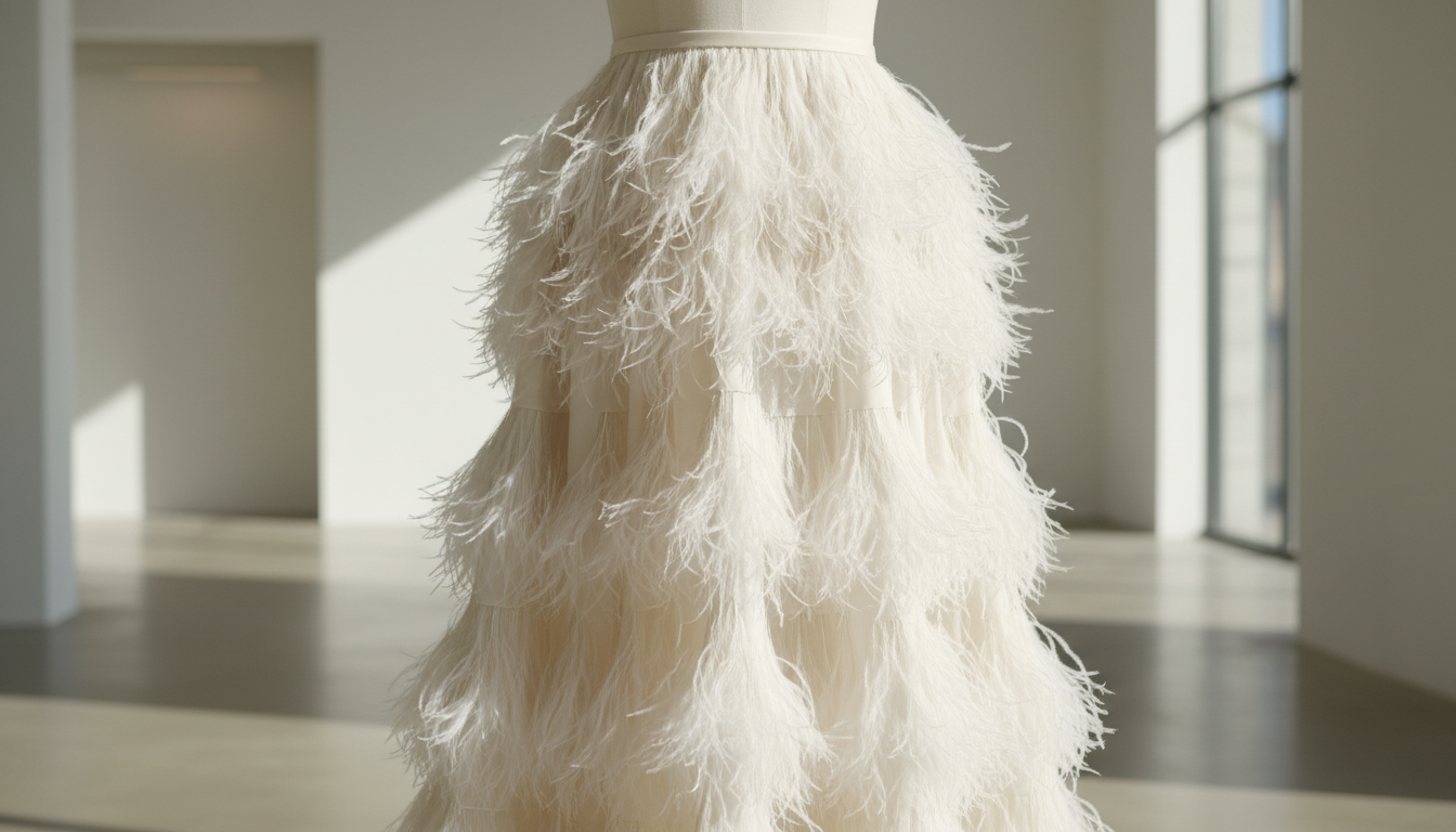 Крупный план платья, украшенного страусиными перьями