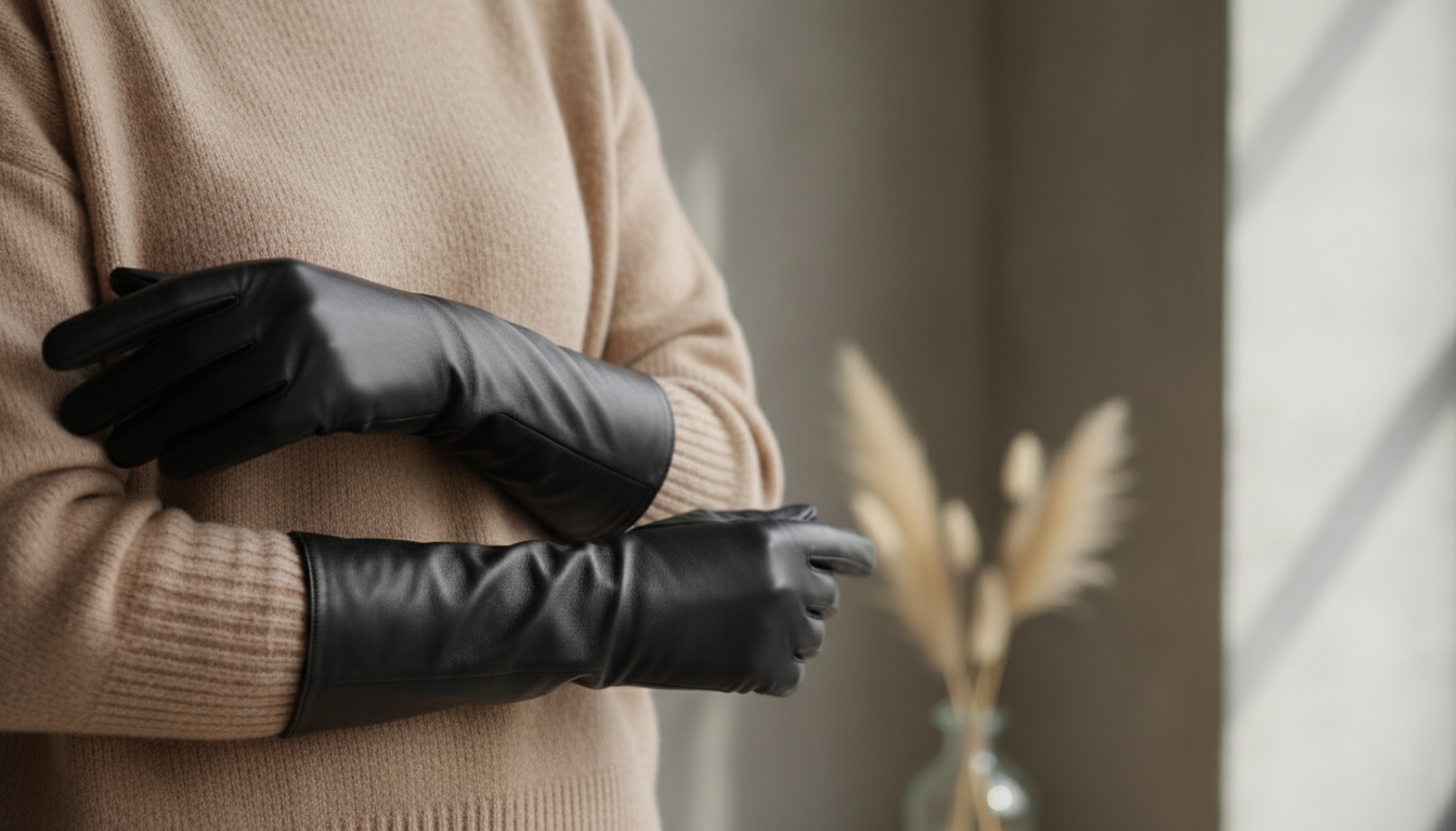 Стилизованный образ: длинные черные перчатки, надетые поверх рукава бежевого кашемирового свитера