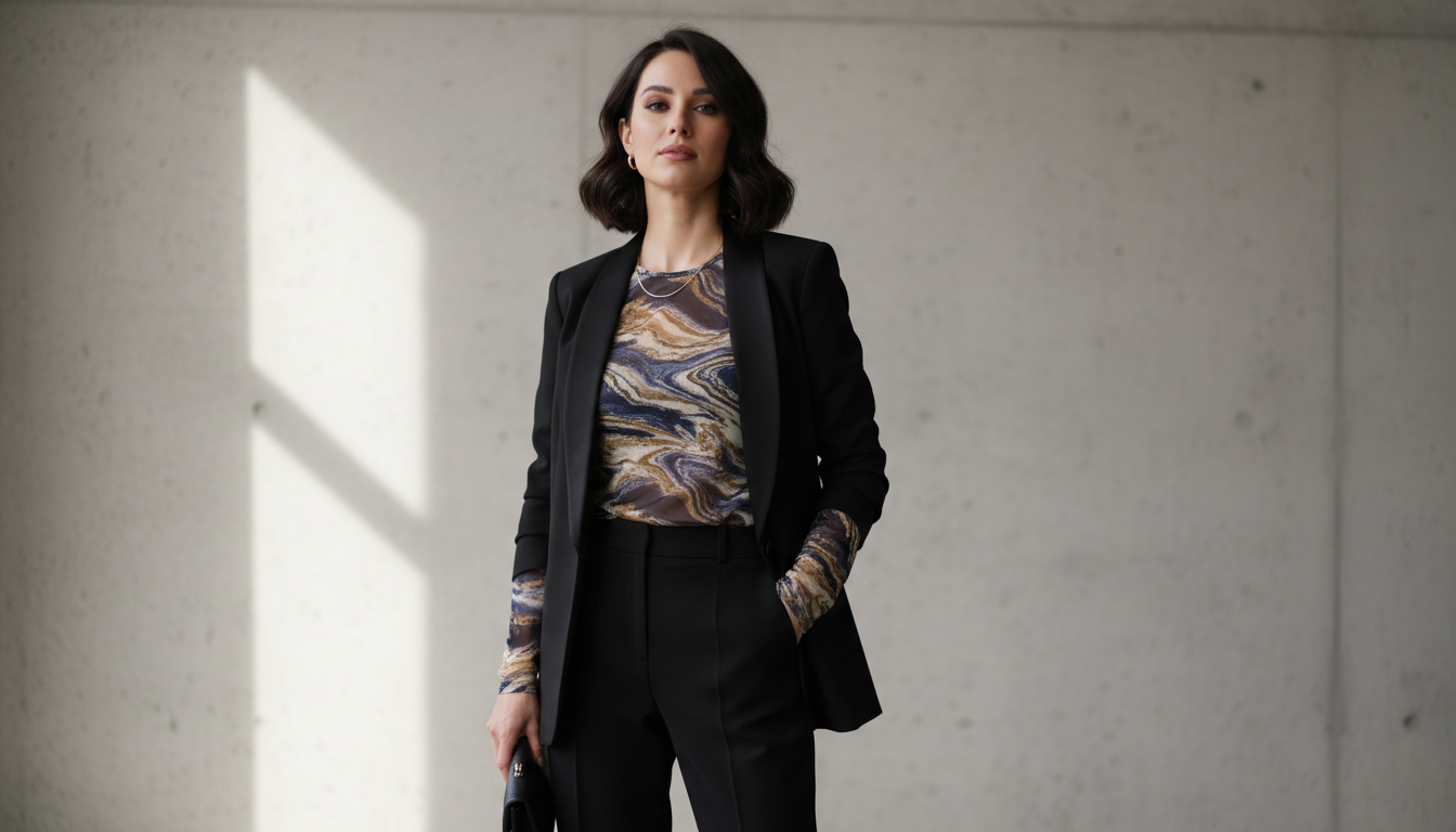 Девушка в прозрачном лонгсливе с абстрактным принтом, надетом под черным пиджаком.