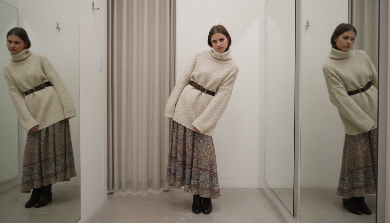 Девушка в примерочной, демонстрирующая, как объемный свитер делает фигуру громоздкой при неправильной многослойности
