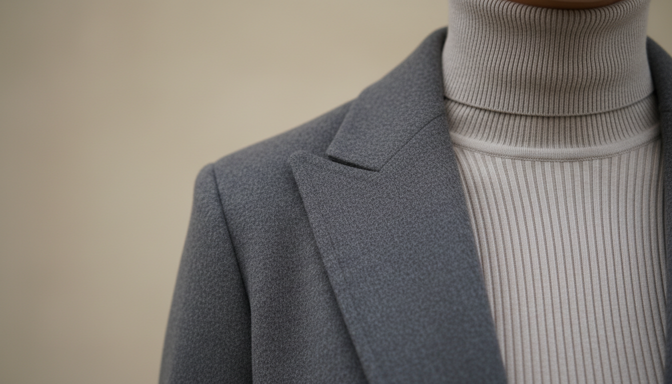 Крупный план воротника и плеча, демонстрирующий сочетание гладкого кашемира и водолазки в тонкий рубчик
