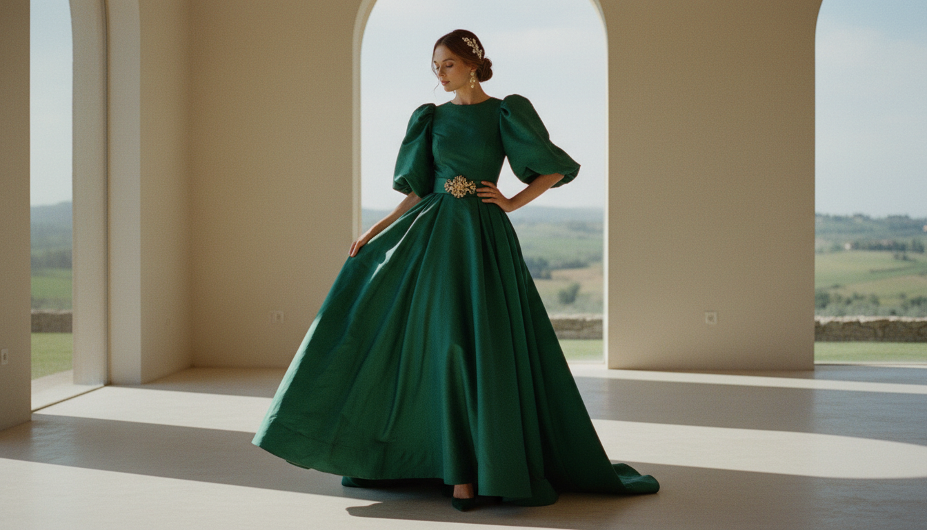 Длинное винтажное платье из тафты с пышными рукавами и акцентом на талии