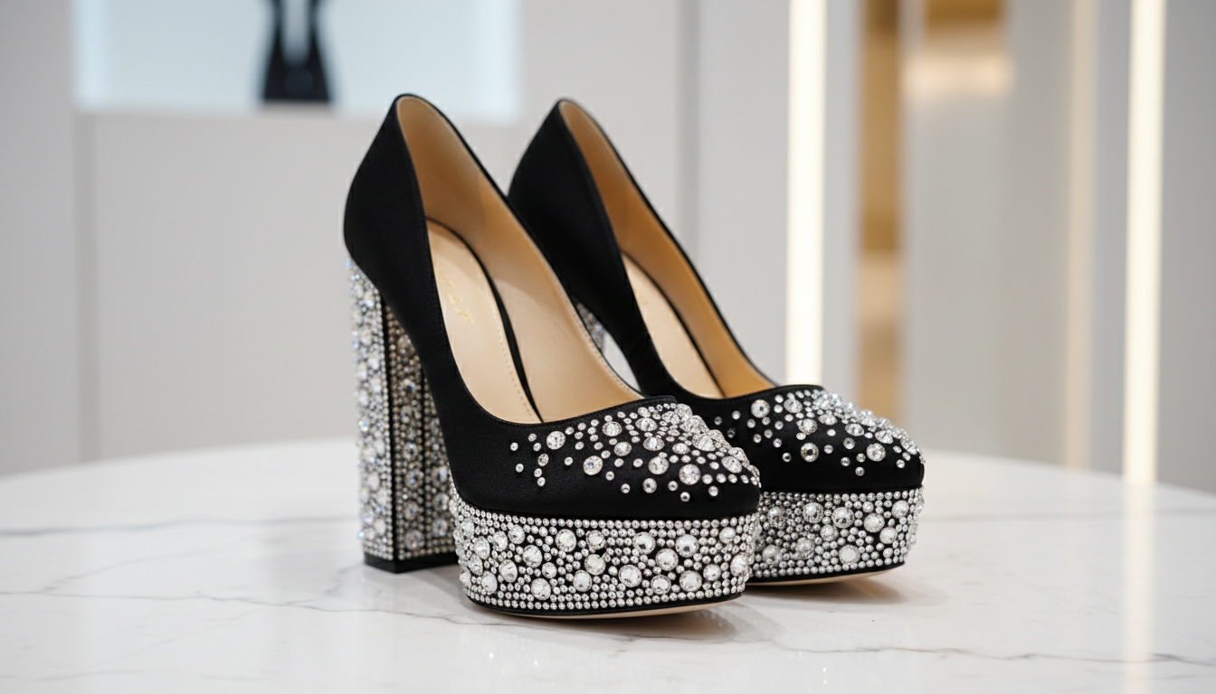 Крупный план на туфли-лодочки на платформе с кристаллами