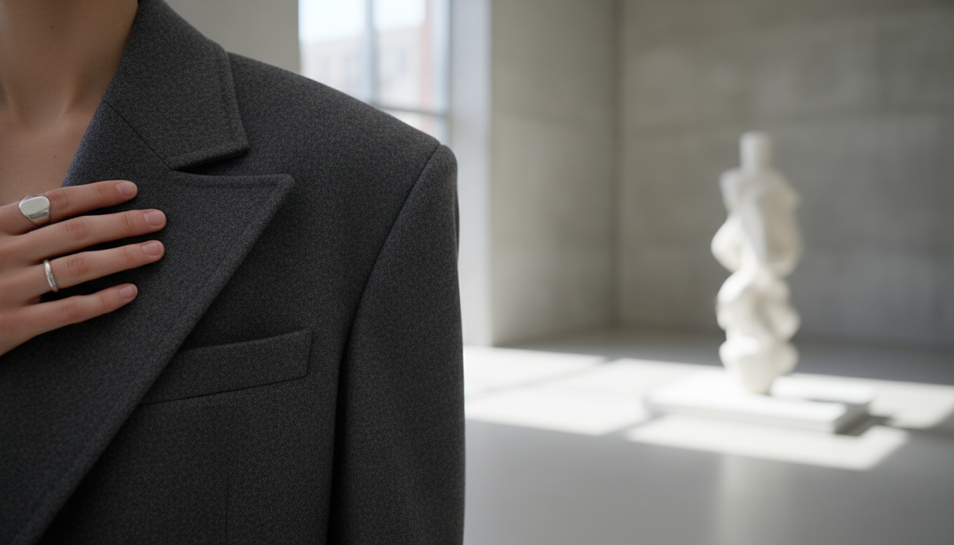 Деталь плеча гипертрофированно объемного пальто с острым углом