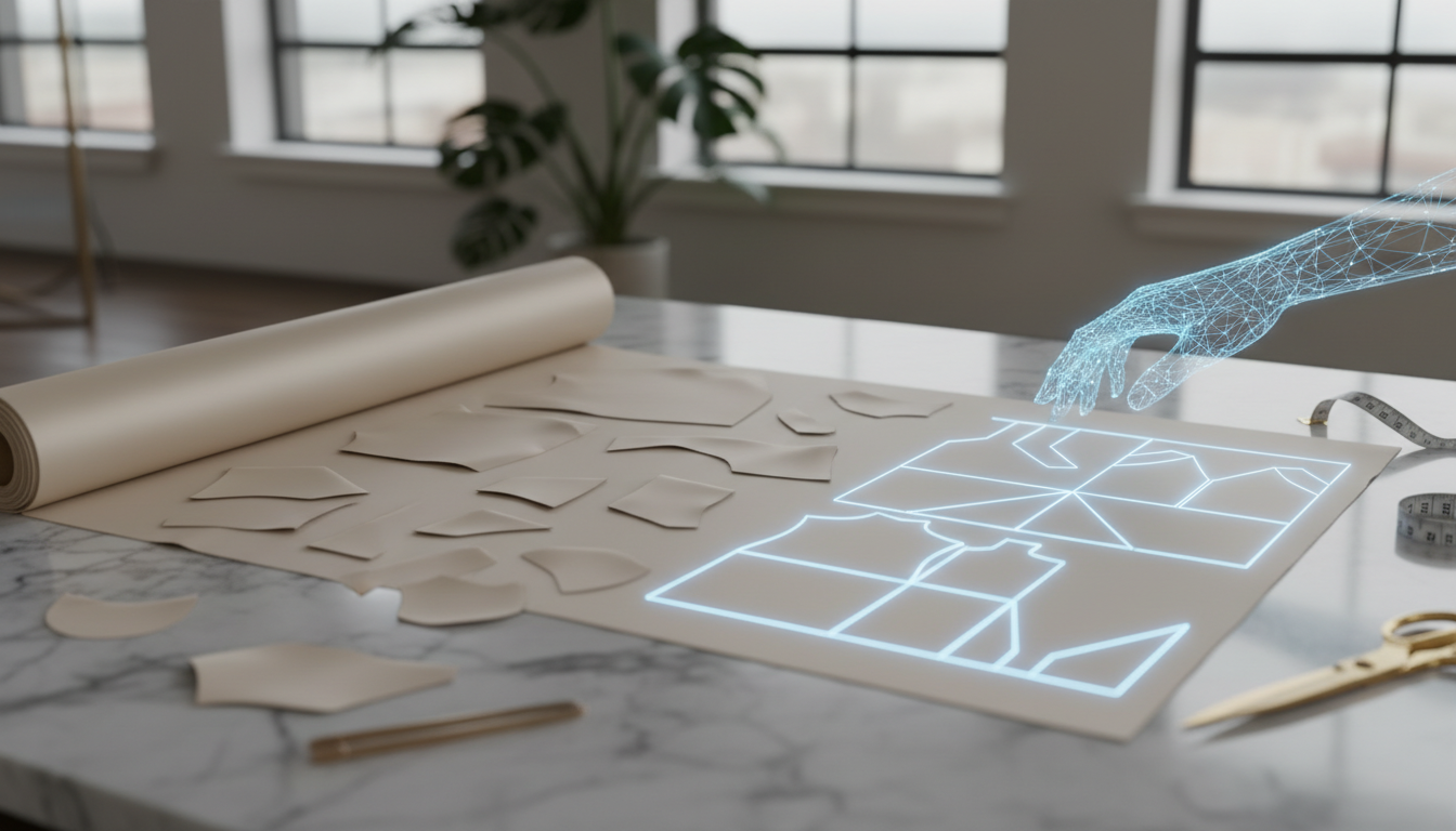 Схематическое изображение оптимизации раскроя ткани с помощью алгоритма AI.