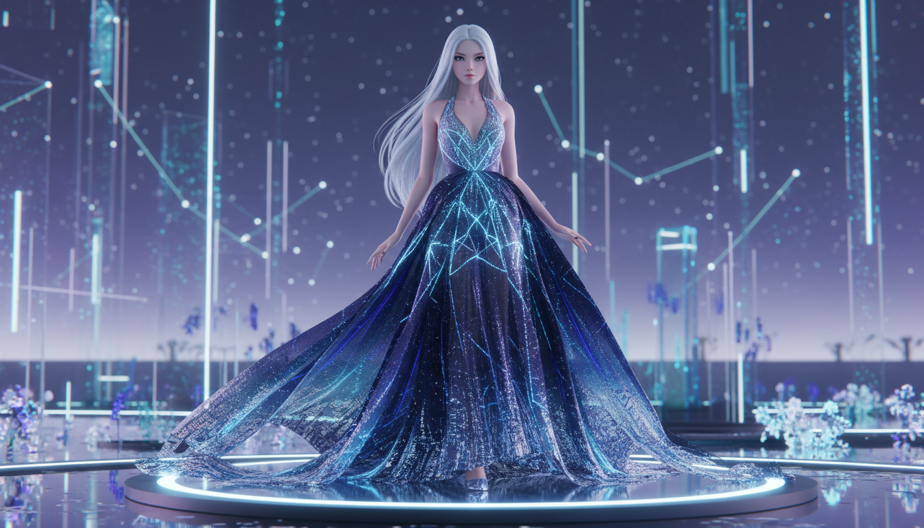 Виртуальная модель демонстрирует цифровой NFT-наряд в метавселенной.