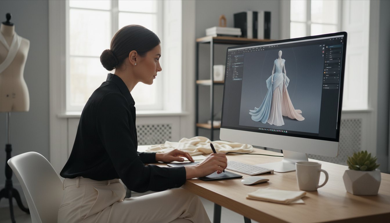 Дизайнер, работающий над 3D-моделью одежды на экране компьютера.