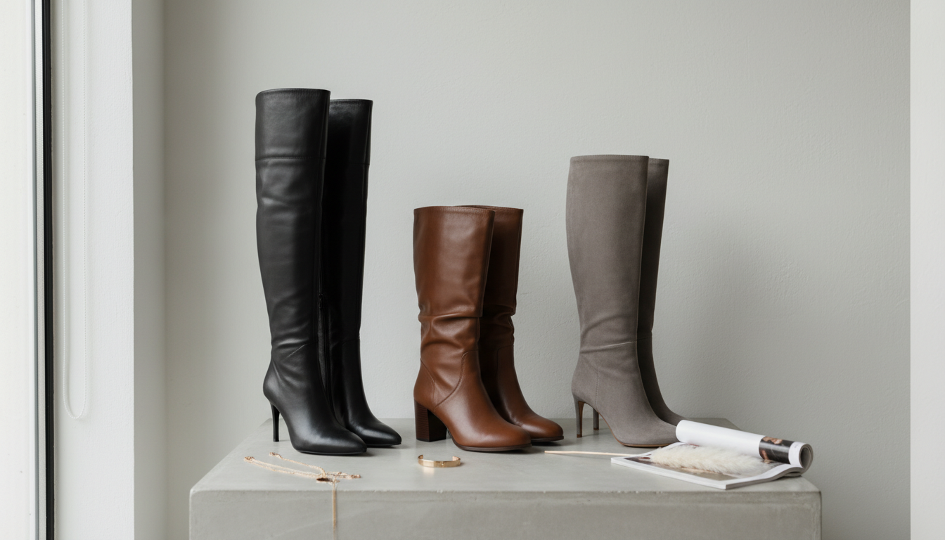 Натюрморт с тремя парами высоких сапог разных цветов: черные ботфорты, коричневые сапоги-трубы и серые замшевые до колена.