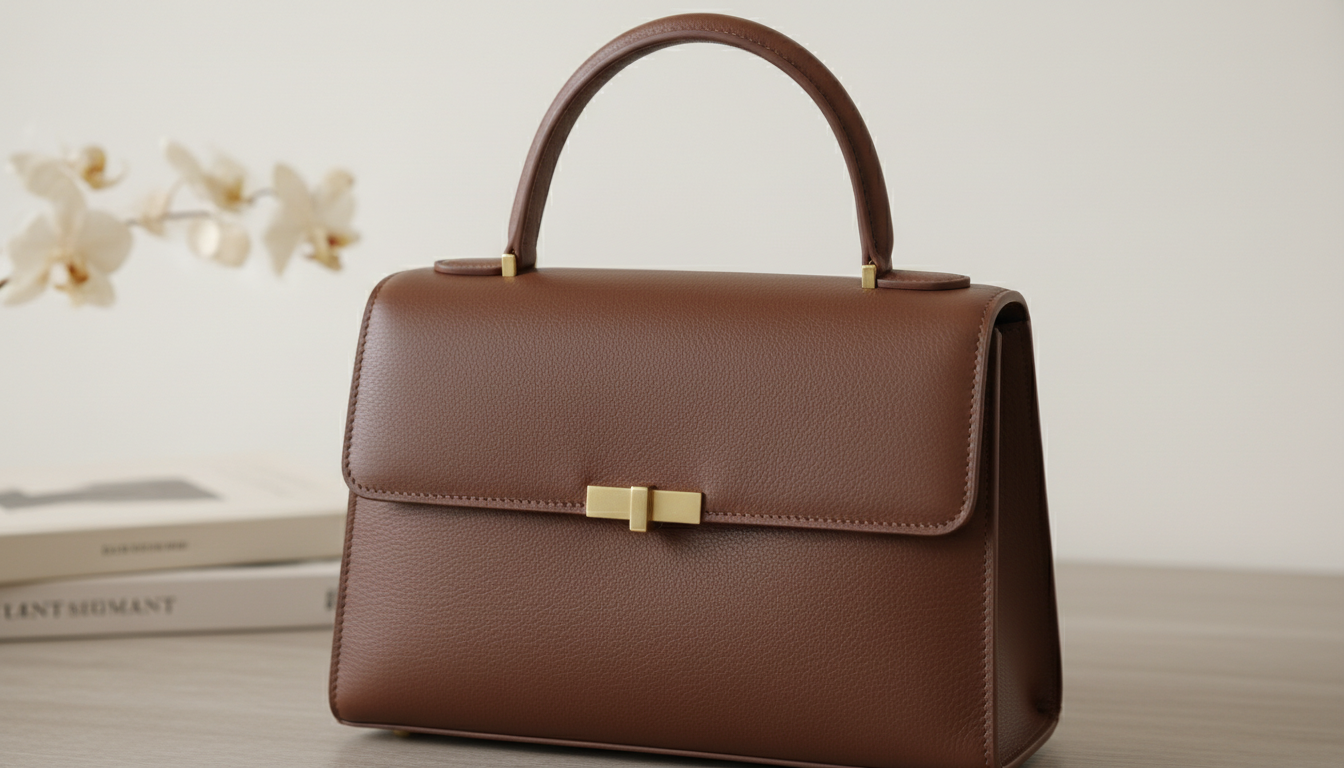 Крупный план сумки из матовой кожи шоколадного цвета.